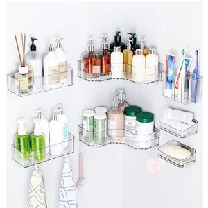 7 Piece Clear Shower Caddy Set Adhesive Wall Mount Bathroom Organizer